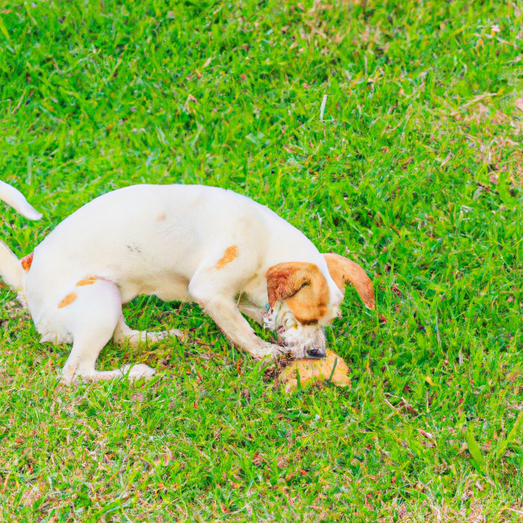 Dog playing on healthy lawn