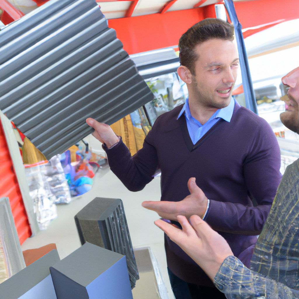 Metal roofing material samples being shown to client