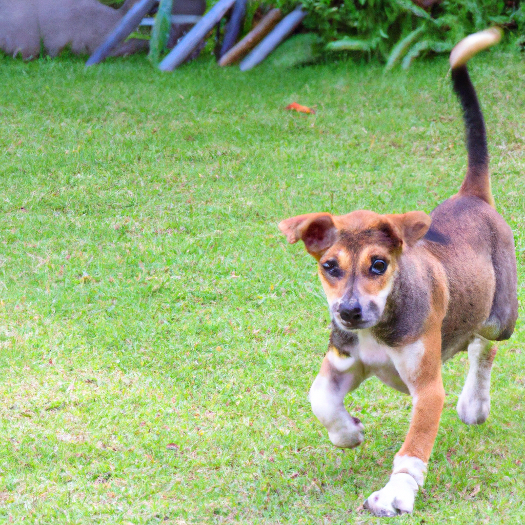 Dog playing on healthy lawn